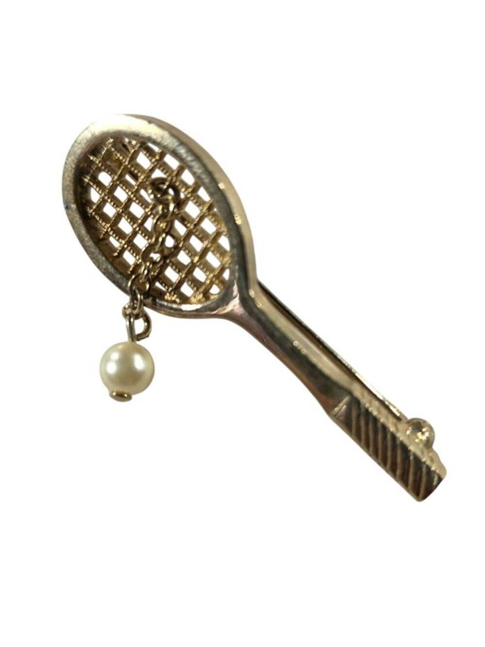 Vtg Avon Tennis Racket Brooch Dangling Faux Pearl Gold-Tone Sports Jewelry